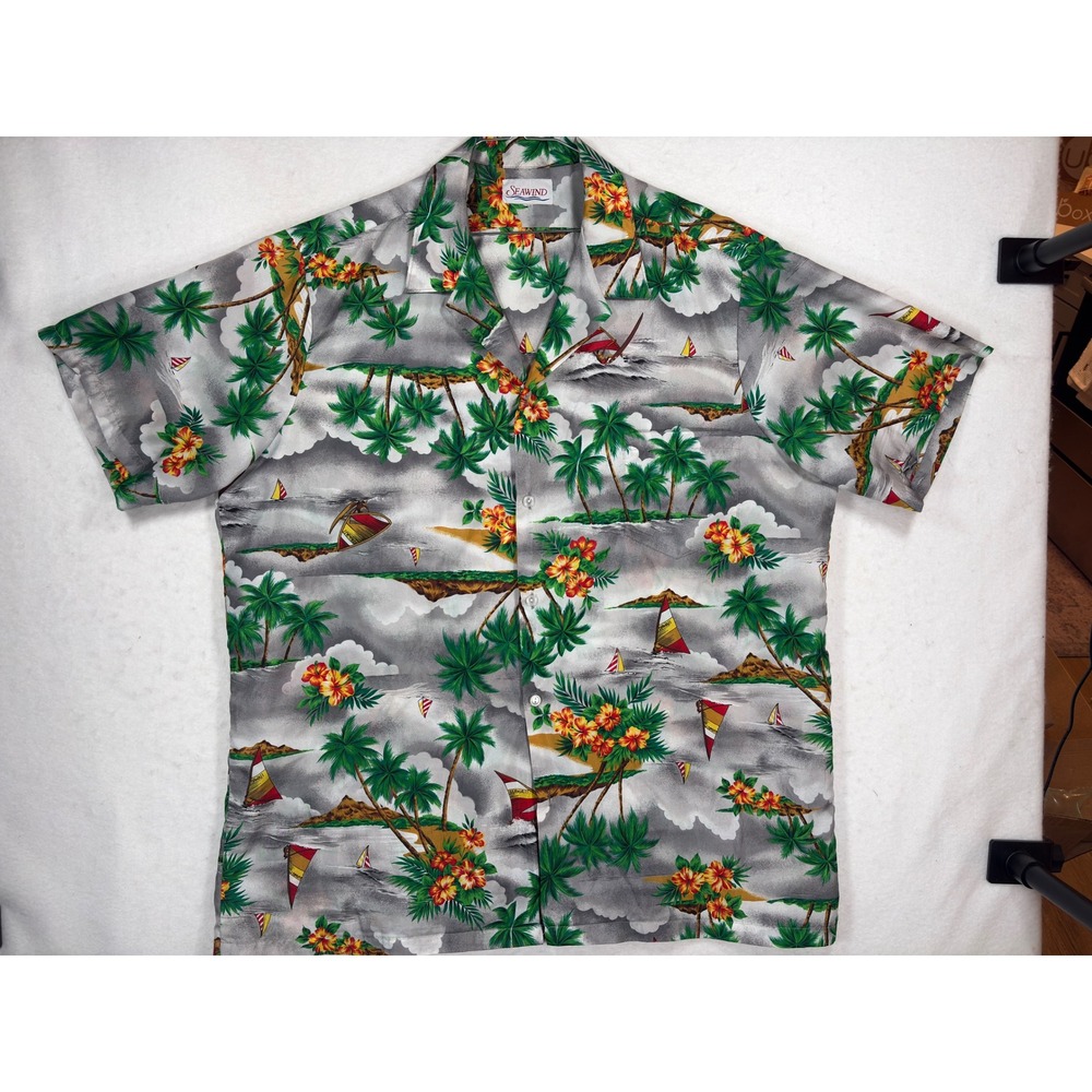 Seawind Mens Tropical Hawaiian Shirt Grey Palm Tree Windsurfer Print XL